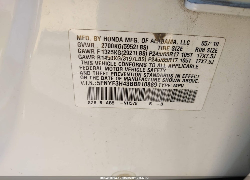 2011 HONDA PILOT VIN: 5FNYF3H43BB010889