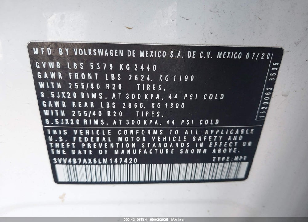 2020 VOLKSWAGEN TIGUAN VIN: 3VV4B7AX5LM147420