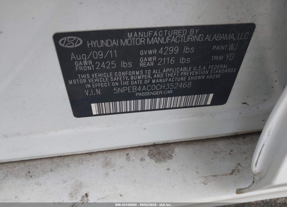 2012 HYUNDAI SONATA VIN: 5NPEB4AC0CH352468
