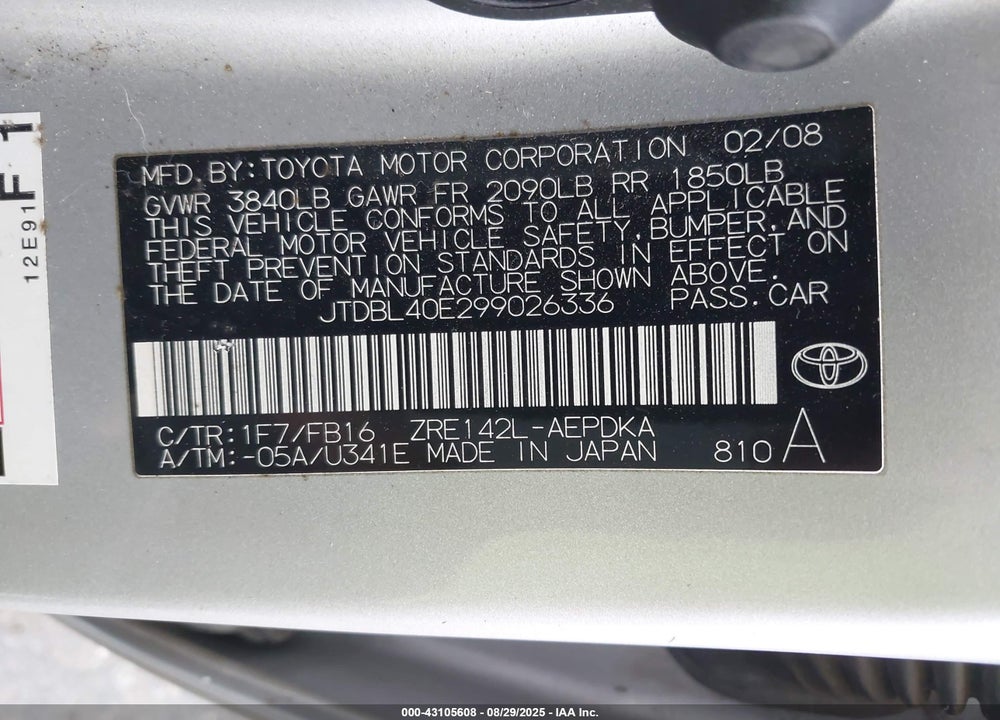 2009 TOYOTA COROLLA VIN: JTDBL40E299026336
