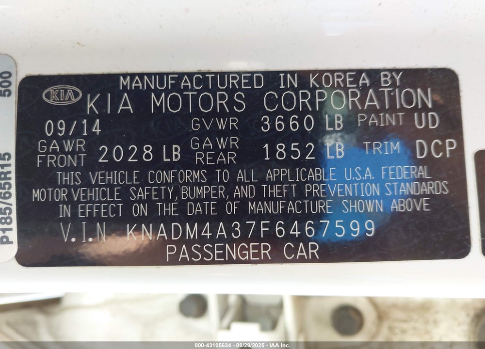 2015 KIA RIO LX VIN: KNADM4A37F6467599