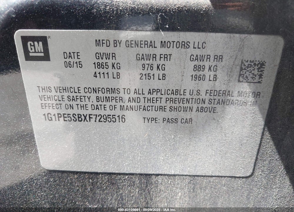 2015 CHEVROLET CRUZE VIN: 1G1PE5SBXF7295516