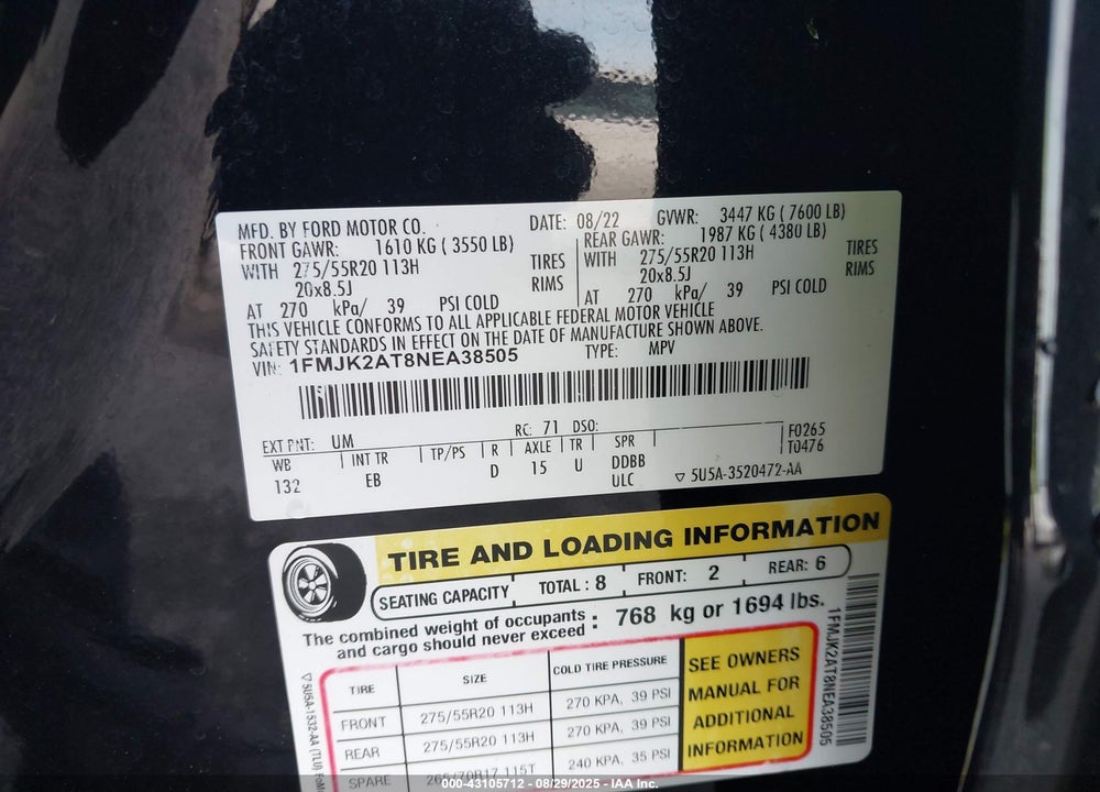 2022 FORD EXPEDITION LIMITED MAX VIN: 1FMJK2AT8NEA38505