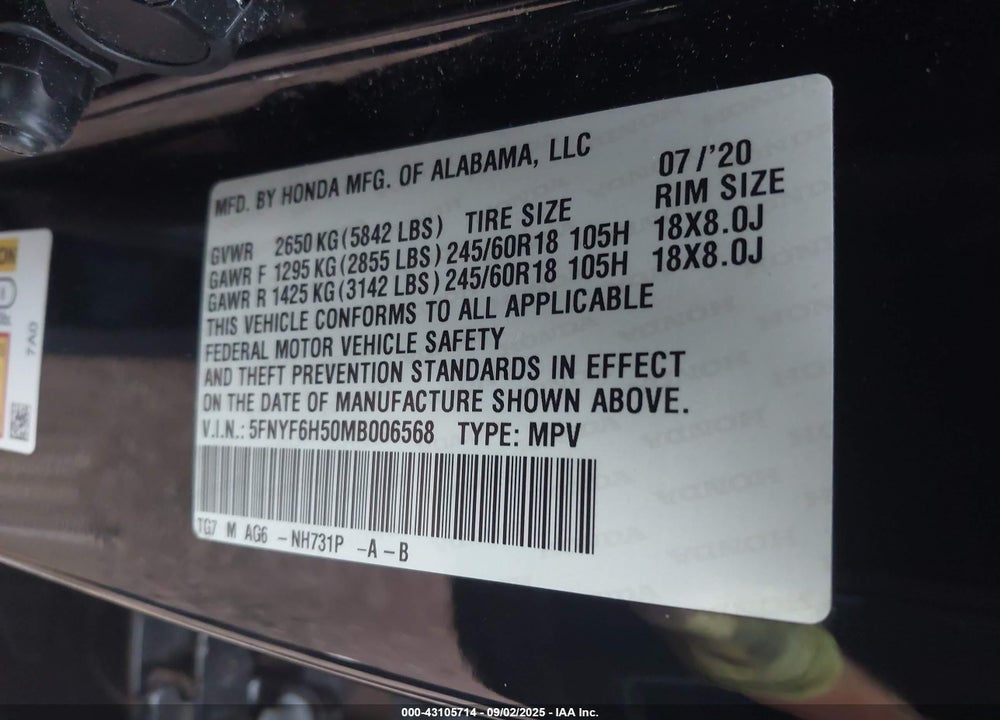 2021 HONDA PILOT VIN: 5FNYF6H50MB006568