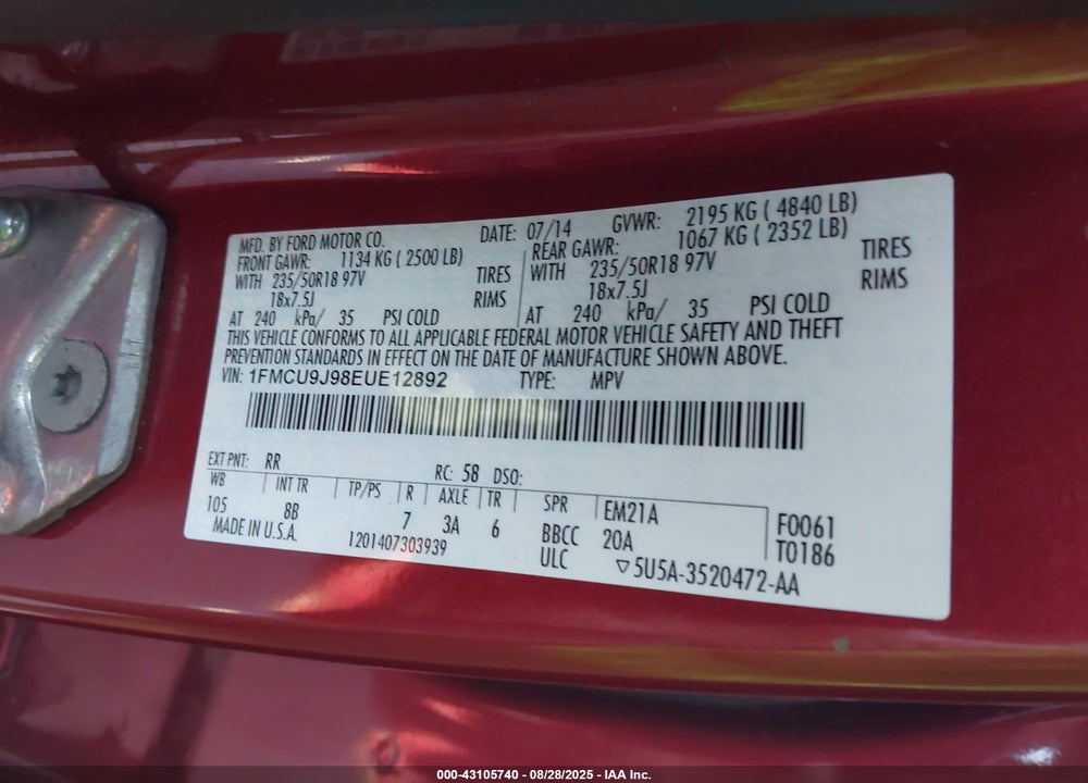 2014 FORD ESCAPE VIN: 1FMCU9J98EUE12892
