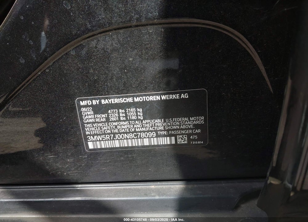 2022 BMW 330I XDRIVE VIN: 3MW5R7J00N8C78099