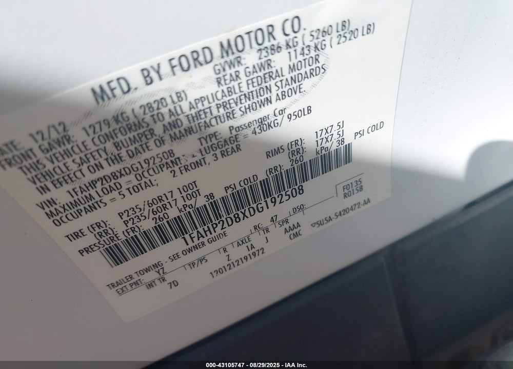 2013 FORD TAURUS VIN: 1FAHP2D8XDG192508