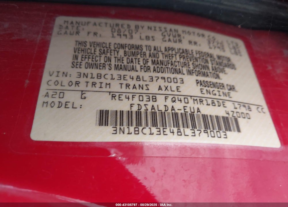 2008 NISSAN VERSA VIN: 3N1BC13E48L379003