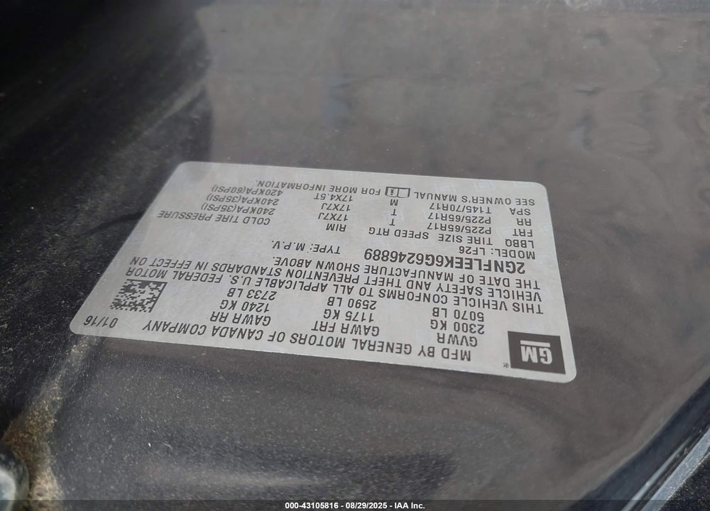 2016 CHEVROLET EQUINOX VIN: 2GNFLEEK6G6246889