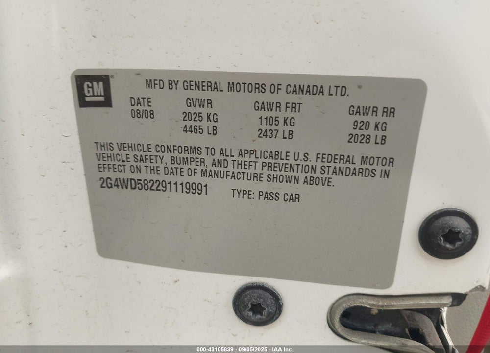 2009 BUICK LACROSSE VIN: 2G4WD582291119991