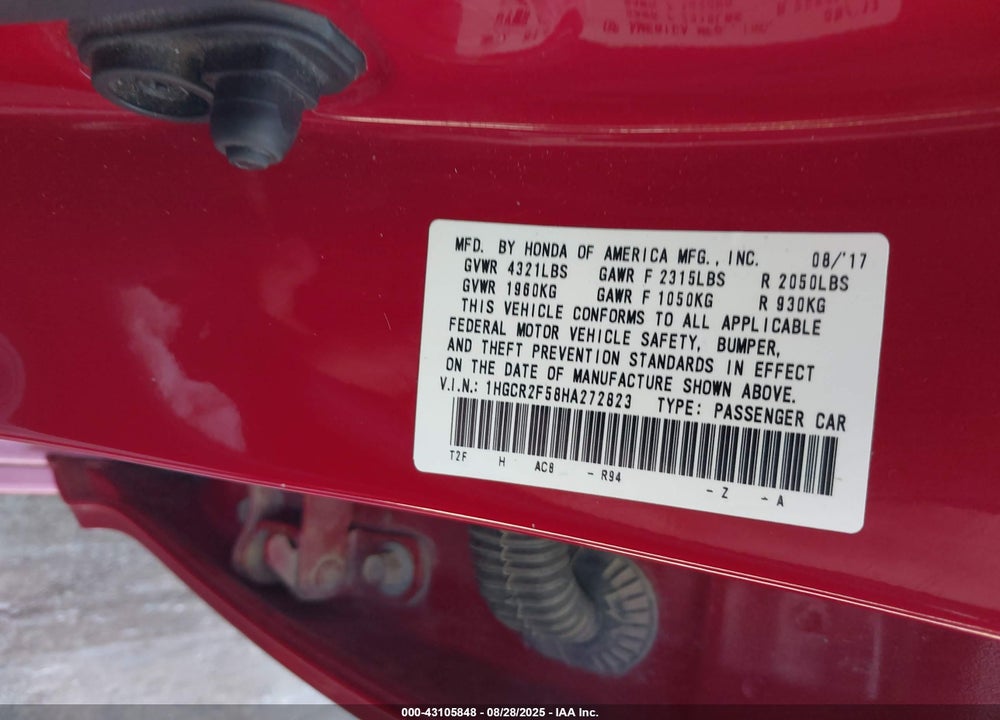 2017 HONDA ACCORD VIN: 1HGCR2F58HA272823