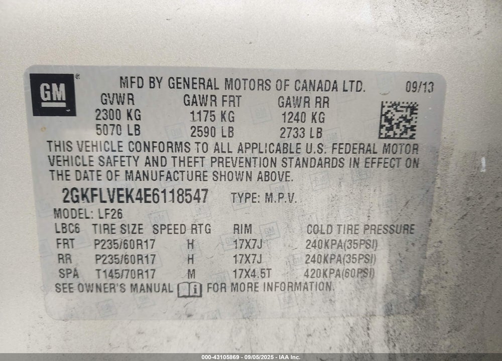 2014 GMC TERRAIN VIN: 2GKFLVEK4E6118547