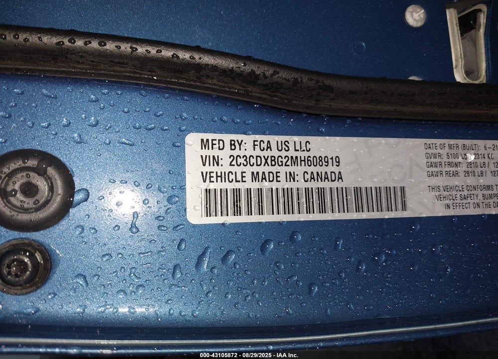 2021 DODGE CHARGER VIN: 2C3CDXBG2MH608919