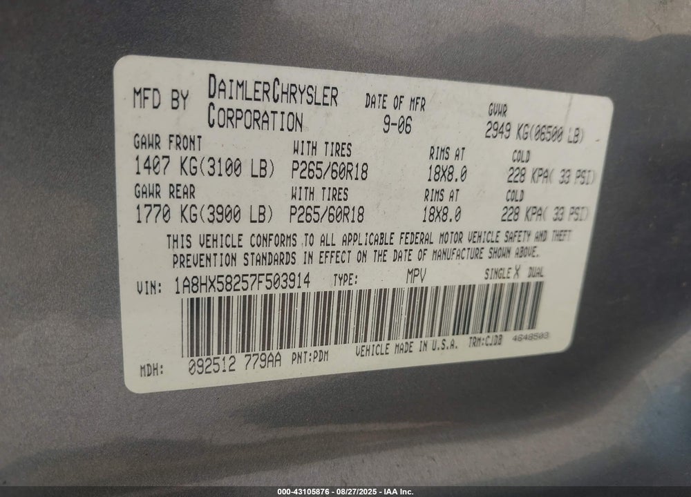 2007 CHRYSLER ASPEN VIN: 1A8HX58257F503914