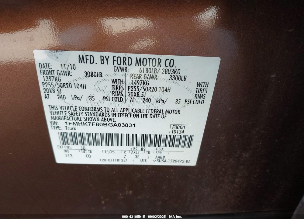 2011 FORD EXPLORER VIN: 1FMHK7F80BGA03831