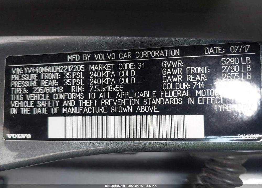 2017 VOLVO XC60 VIN: YV440MRU0H2217205