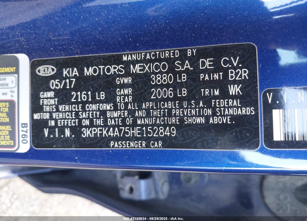 2017 KIA FORTE VIN: 3KPFK4A75HE152849