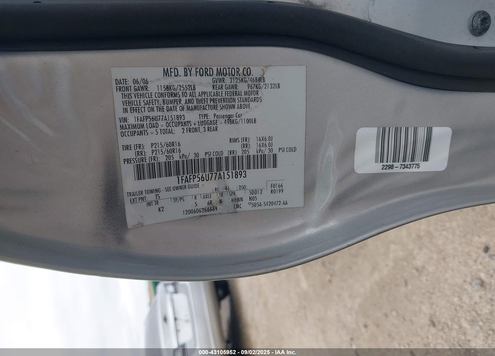 2007 FORD TAURUS VIN: 1FAFP56U77A151893
