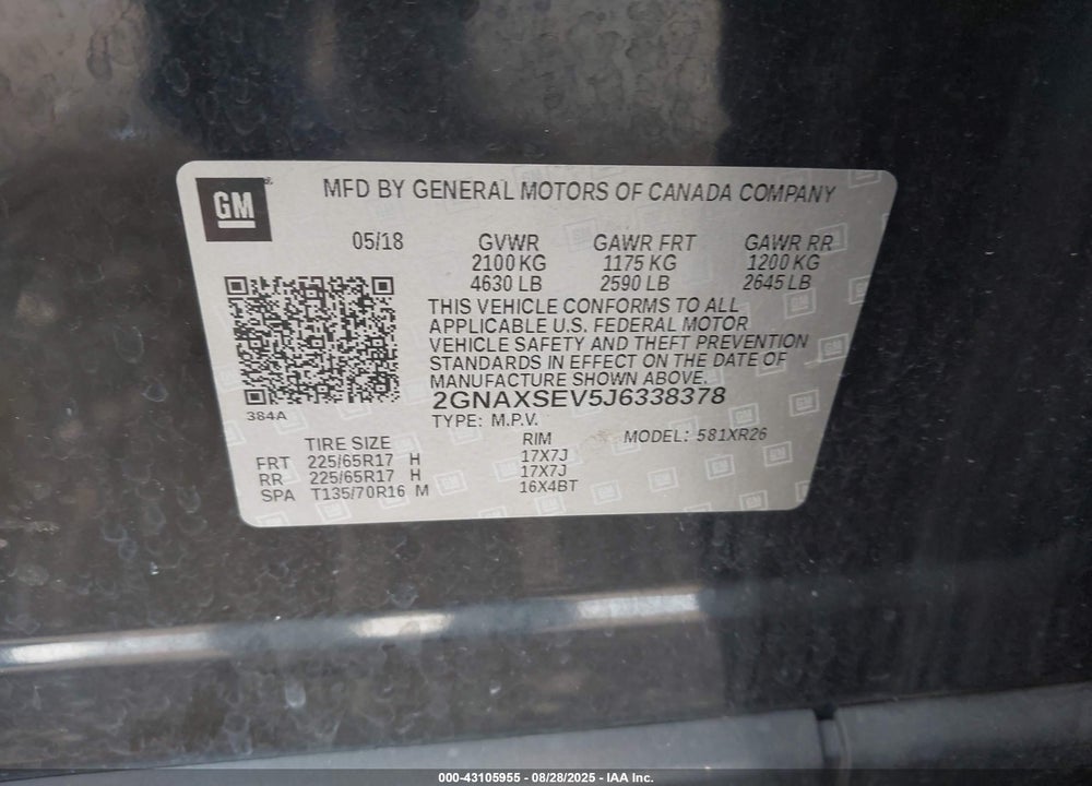 2018 CHEVROLET EQUINOX VIN: 2GNAXSEV5J6338378