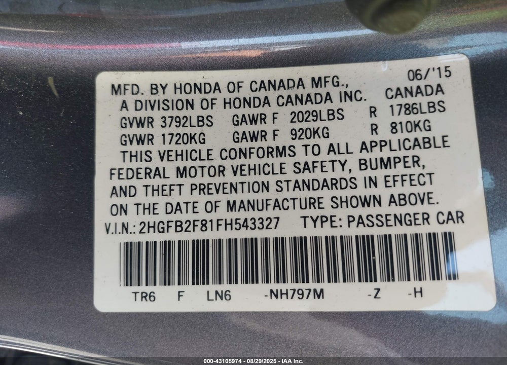 2015 HONDA CIVIC VIN: 2HGFB2F81FH543327