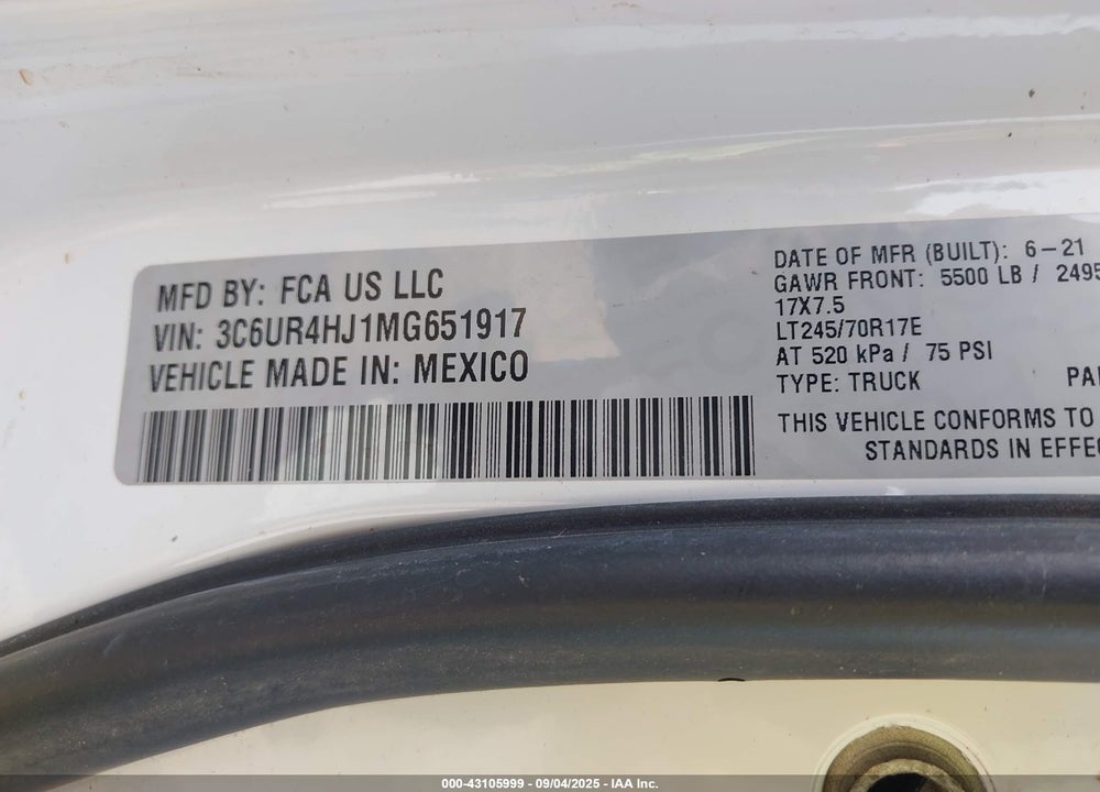 2021 RAM 2500 VIN: 3C6UR4HJ1MG651917