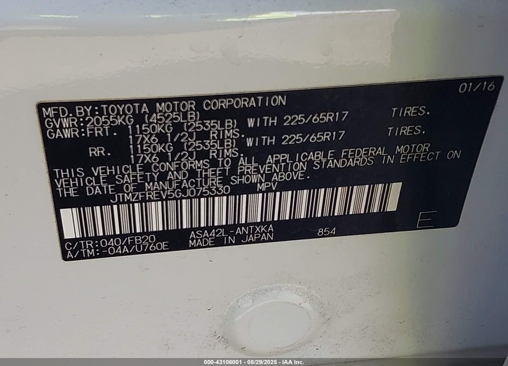 2016 TOYOTA RAV4 VIN: JTMZFREV5GJ075330