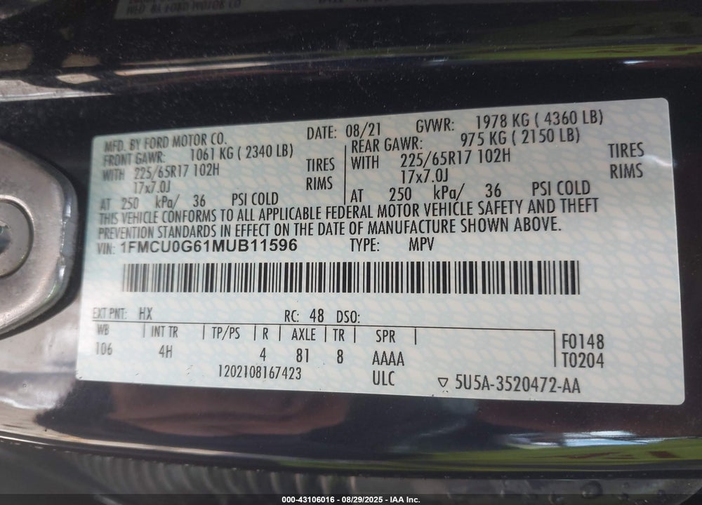2021 FORD ESCAPE VIN: 1FMCU0G61MUB11596