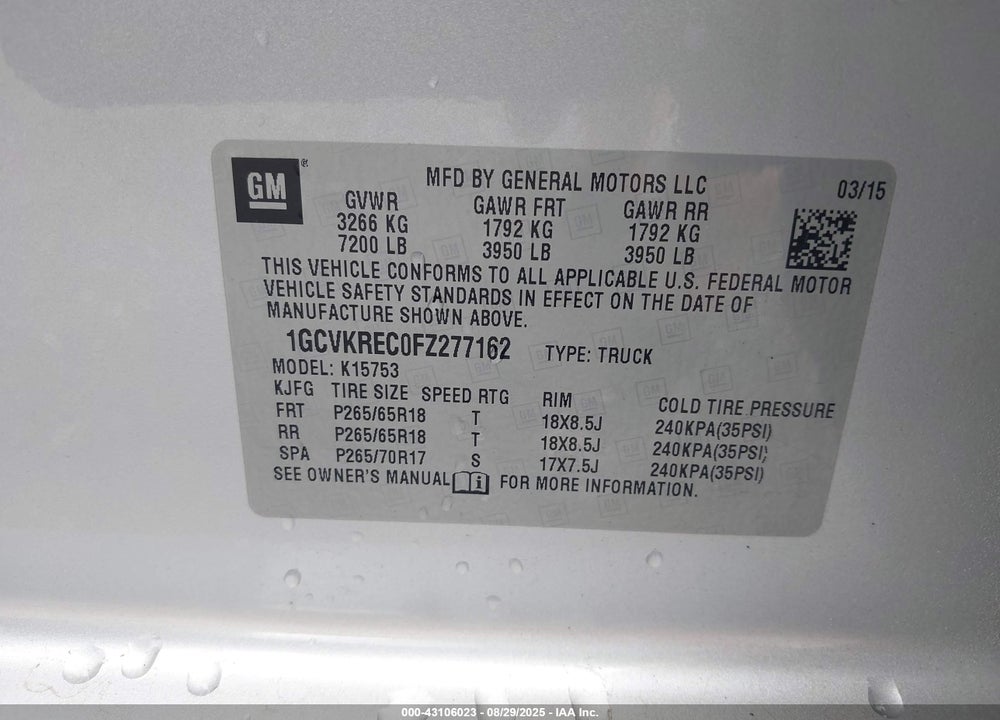 2015 CHEVROLET SILVERADO 1500 VIN: 1GCVKREC0FZ277162