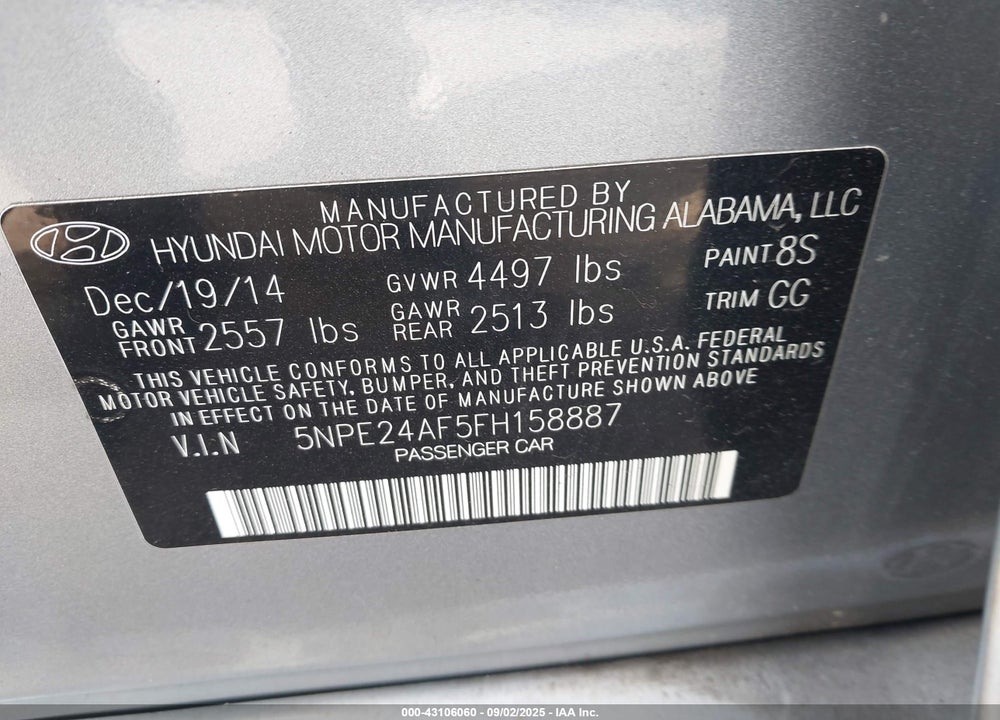 2015 HYUNDAI SONATA VIN: 5NPE24AF5FH158887