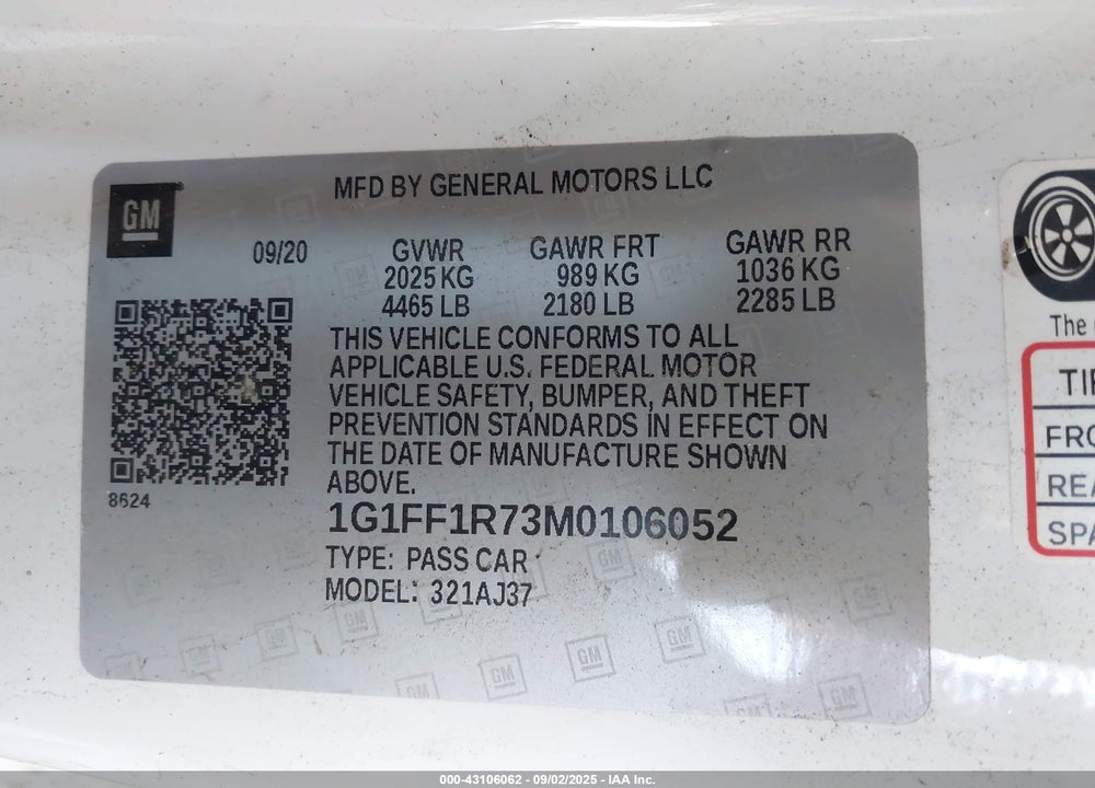 2021 CHEVROLET CAMARO RWD LT1 VIN: 1G1FF1R73M0106052
