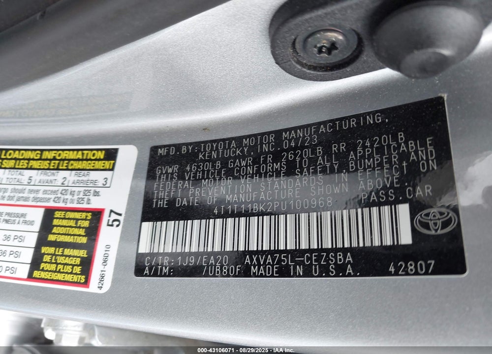 2023 TOYOTA CAMRY VIN: 4T1T11BK2PU100968