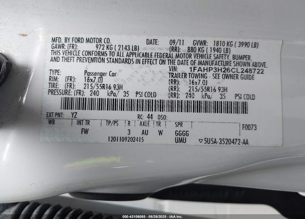 2012 FORD FOCUS VIN: 1FAHP3H26CL248722