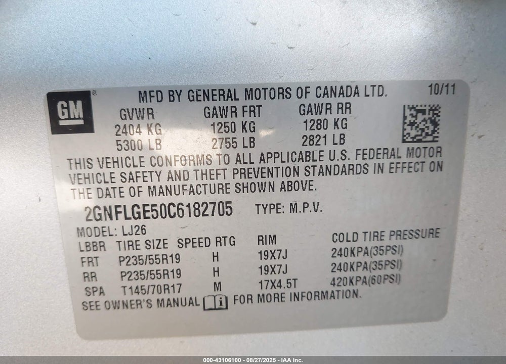 2012 CHEVROLET EQUINOX VIN: 2GNFLGE50C6182705