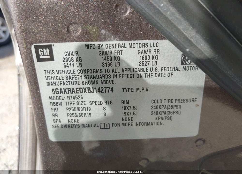 2011 BUICK ENCLAVE VIN: 5GAKRAEDXBJ142774
