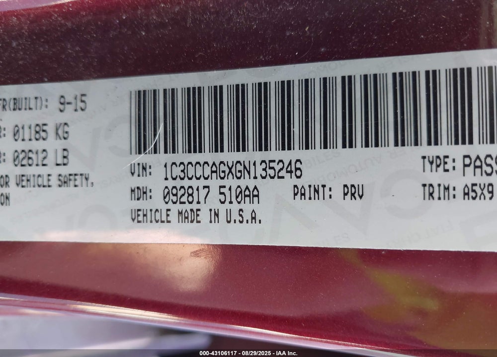 2016 CHRYSLER 200 VIN: 1C3CCCAGXGN135246
