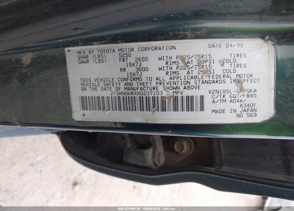 1999 TOYOTA 4RUNNER SR5 V6 VIN: JT3HN86RXX0237103