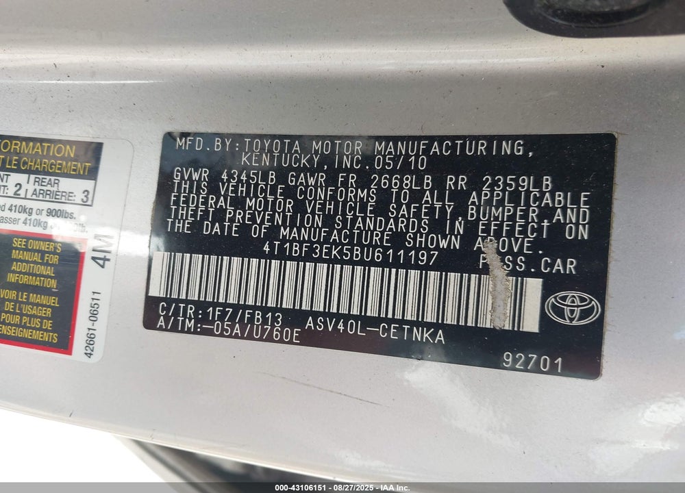 2011 TOYOTA CAMRY LE VIN: 4T1BF3EK5BU611197