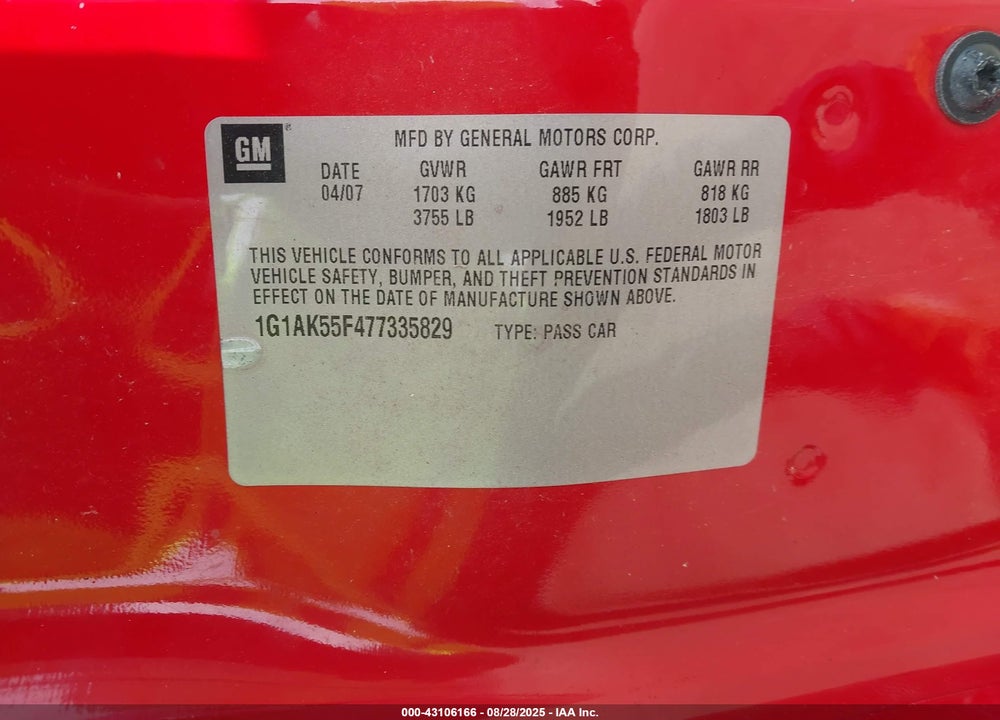2007 CHEVROLET COBALT VIN: 1G1AK55F477335829
