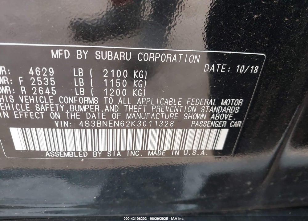 2019 SUBARU LEGACY VIN: 4S3BNEN62K3011328