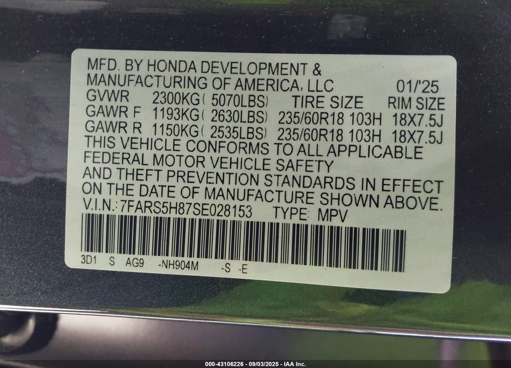 2025 HONDA CR-V HYBRID SPORT-L VIN: 7FARS5H87SE028153