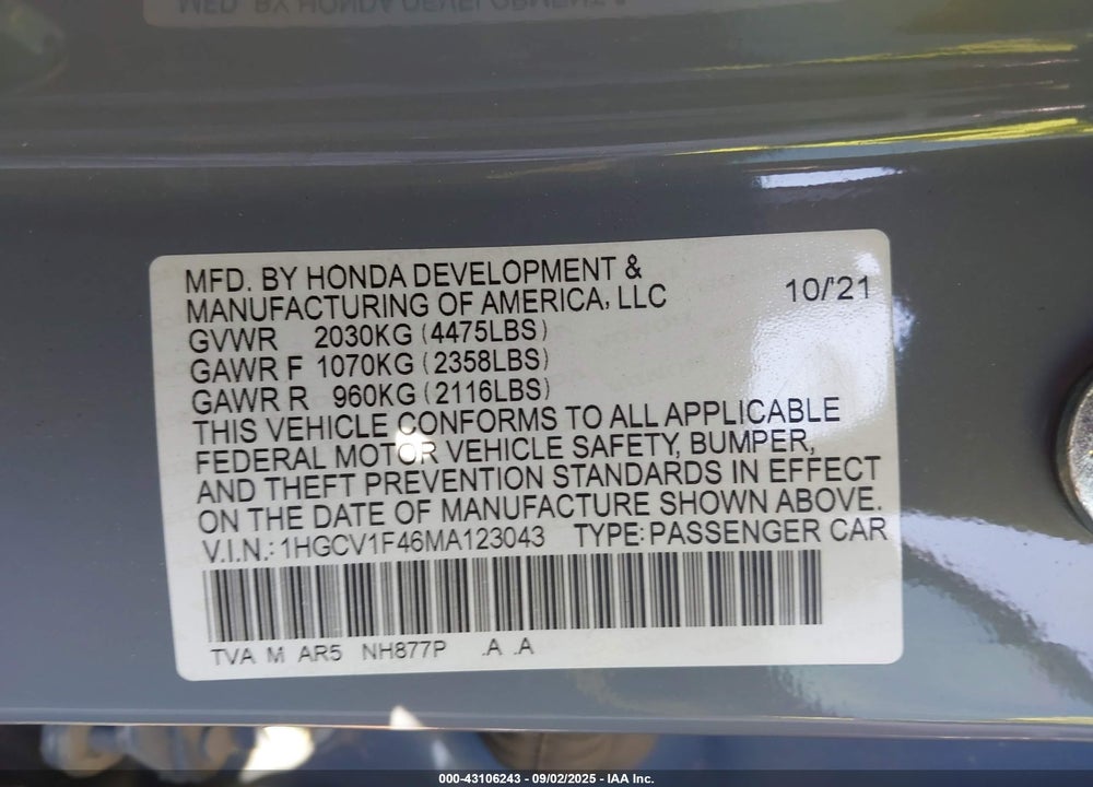 2021 HONDA ACCORD VIN: 1HGCV1F46MA123043