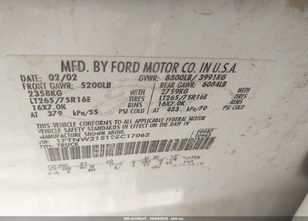2002 FORD F-250 LARIAT/XL/XLT VIN: 1FTNW21S12EC17062
