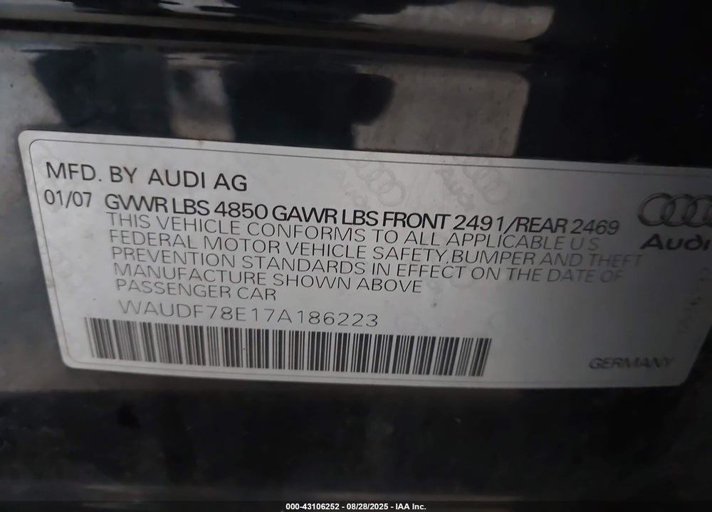 2007 AUDI A4 2.0T VIN: WAUDF78E17A186223