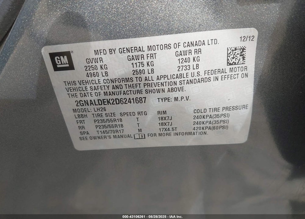 2013 CHEVROLET EQUINOX VIN: 2GNALDEK2D6241687