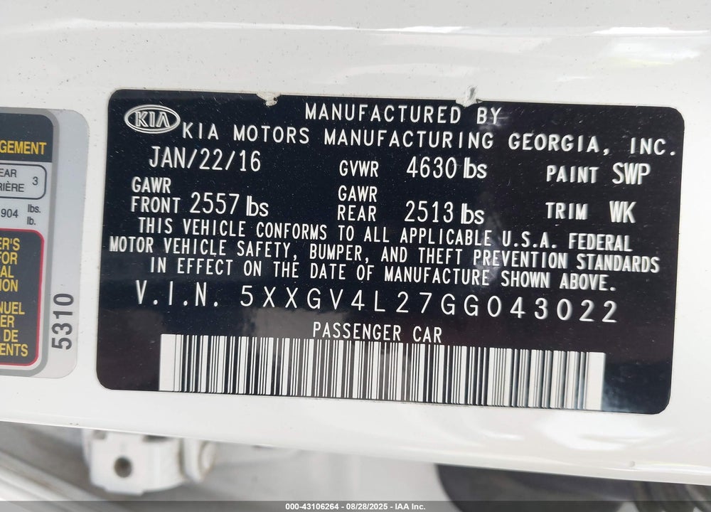 2016 KIA OPTIMA VIN: 5XXGV4L27GG043022