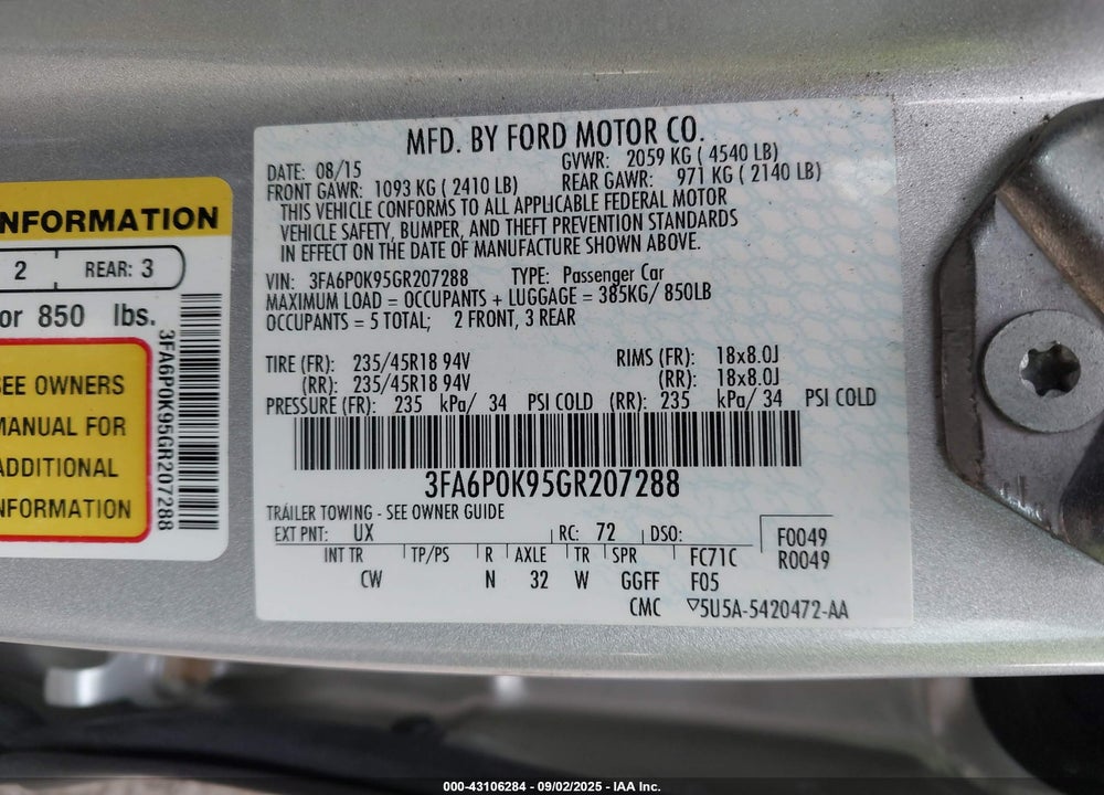 2016 FORD FUSION TITANIUM VIN: 3FA6P0K95GR207288
