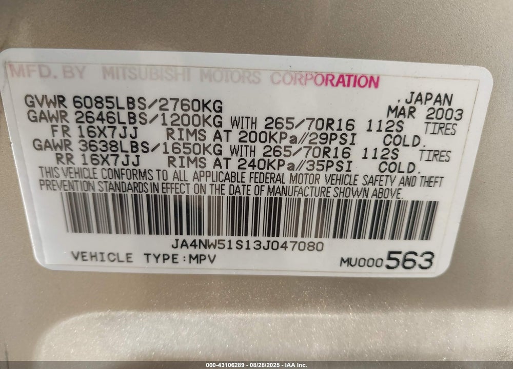 2003 MITSUBISHI MONTERO 20TH ANNIVERSARY/LIMITED VIN: JA4NW51S13J047080