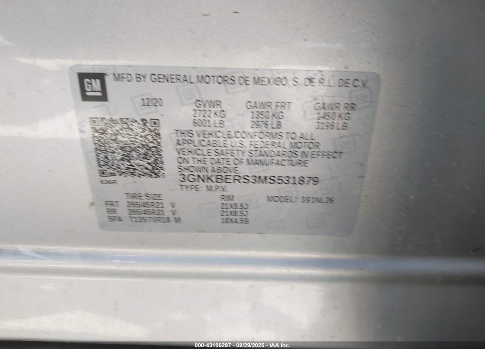 2021 CHEVROLET BLAZER VIN: 3GNKBERS3MS531879