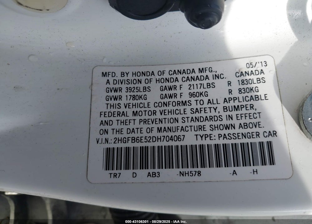 2013 HONDA CIVIC VIN: 2HGFB6E52DH704067