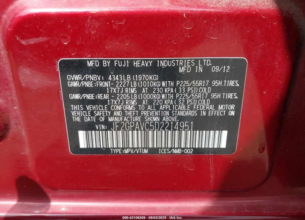 2013 SUBARU XV CROSSTREK VIN: JF2GPAVC5D2214951